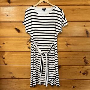 Chaps Women's Crewneck Knit Short Sleeve Round Neck Dress, Black & White, Size L